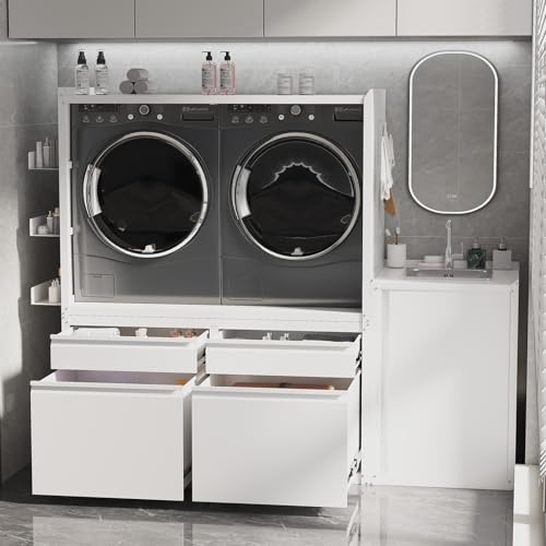 Image of Laundry Pedestal with Dryer Laundry Basket for Washer and Dryer Washing Machine Stand Base Raiser with Washbasin Cabinet,White