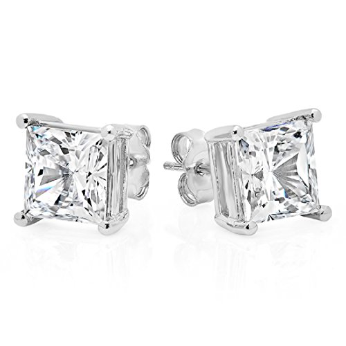 .925 Sterling Silver Princess Cut Stud Earrings 5 Mm, 1.5 CTW.