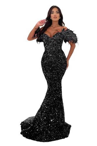 Image of Sequin Feathers Mermaid Prom Dresses 2026 Off Shoulder Sparkly Long Formal Evening Party Gowns with Train