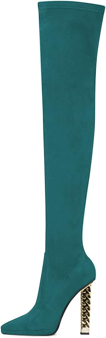 FSJ Women Fashion Over The Knee Long Boots Comfortable Flower Gold Metal Chain Chunky High Heels Sexy Pointed Toe Platform Stretch Thigh High Pull On Warm Shoes Size 4-15 US