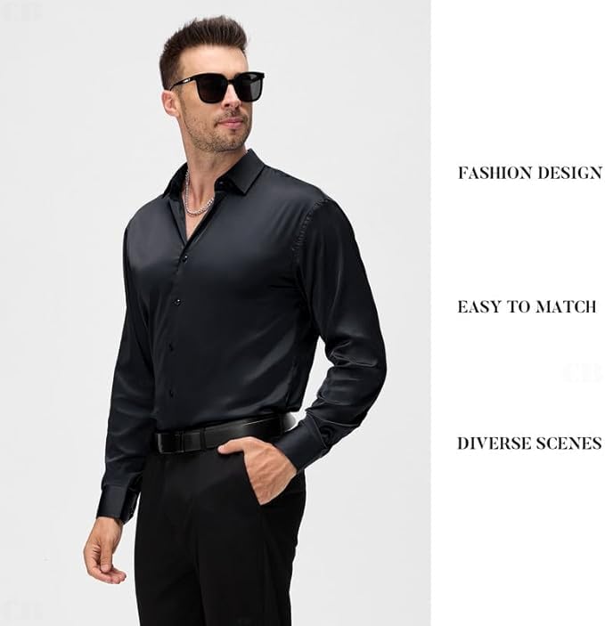 Image of CB-COLEBROOK Mens Stylish Solid Silk Satin Casual Dress Shirts for Men Shiny Long Sleeve Button Down Shirt Party Prom Wedding Shirt for Mens