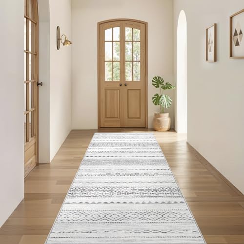 Nakagishi Runner Rug Kitchen Washable Rugs: 2x6 Non-Slip Boho Soft Modern Stain Resistant Indoor Floor Neutral Farmhouse Throw Carpet for Hallway Bathroom Laundry Room Entryway Bedroom- Grey
