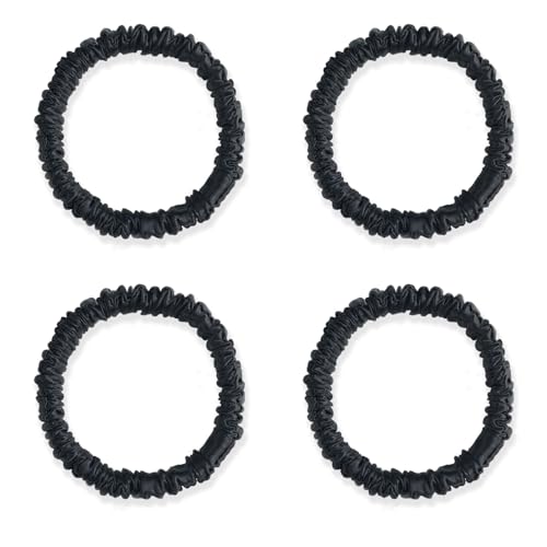 Silklab 22 Momme 100% Mulberry Silk Hair Ties, Well-Hold Elastic for No-Damage, (4 Pack, Black), 6A Grade, Soft Scrunchies, Reduces Frizz & Breakage, OEKO-TEX Certified