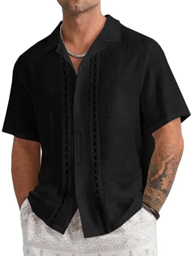 Runcati Camisa de lino para hombre Cuban Guayabera, manga corta, con botones, informal, ligera, para verano, playa, tops, Negro , XL