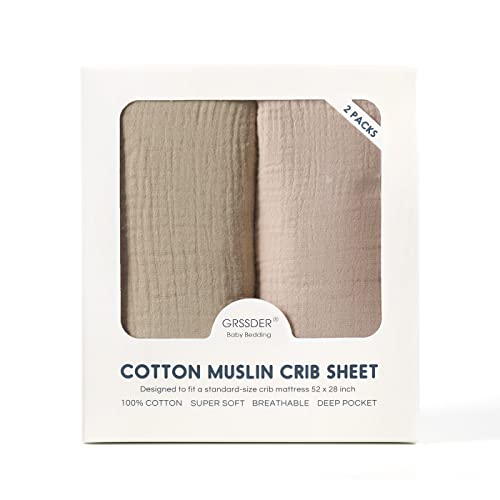 Image of GRSSDER 100% Cotton Muslin Crib Sheet 2 Pack - Breathable & Ultra-Soft Fitted Crib Sheets for Standard Baby & Toddler Mattresses, 52 inchx28 inch with 9 inch Deep Pocket, Snug Fit All-Around Elastic