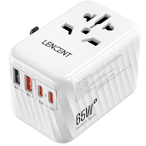 LENCENT 65W Adapter Podróżny na Całym świecie, GAN III Uniwersalny Adapter Wtyczki, Szybkie ładowanie Międzynarodowa ładowarka z 2 PD3.0 USB C+2 QC USB, Adapter Podróżny do USA/UK/EU/AUS, Typ A/C/G/I