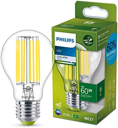 Philips LED Ultra Efficient Light Bulb A Label Energy Rating [Cool White 4000K - E27 Edison Screw] 60W A60 Clear. for Indoor Home Lighting