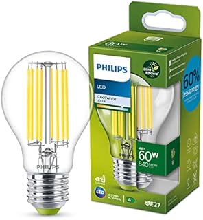 Philips LED Ultra Efficient Light Bulb A Label Energy Rating [Cool White 4000K - E27 Edison Screw] 60W A60 Clear. for Indoor Home Lighting