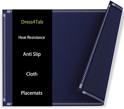 Dress4Tab Set of 6 Blue Heat Resistance Anti Slip Placemats with Boho Hemstitch for Dining Table, Washable Kitchen Table Place Mats for Spring, Easter, Summer