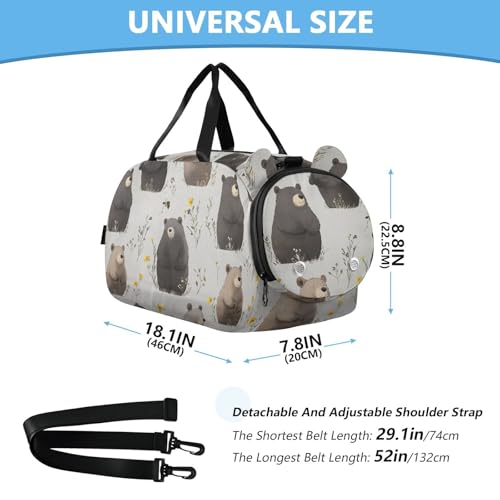 Cartoon Funny Bear Gray Duffel Bag with Shoes Compartment Multifunctional Overnight Travel Weekender Tote for School Practice, Sports, Travel3