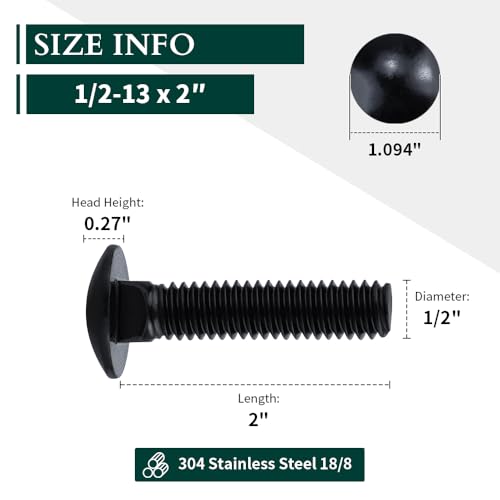 Image of 1 /2-13 x 2 Black Steel Carriage Bolts, 304 Stainless Steel 18-8, Round Domed Head Square Neck Carriage Bolts Screws, Coarse Thread UNC, 8 PCS