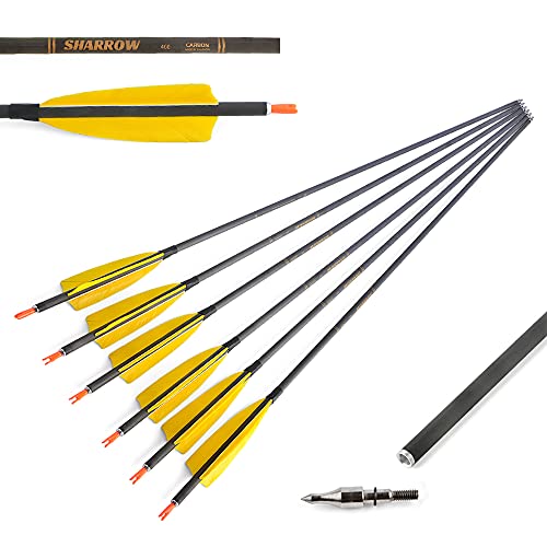 SHARROW 12 Stücke Carbonpfeile 34 Zoll Bogenpfeile mit Naturfedern Jagd Pfeile für Bogen 400 Spine Carbon Pfeile für Recurvebogen Compound Bogen (Gelb)