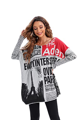 Ellazhu Womens Long Sleeve Casual Sweatershirt Pullover Newspaper Painting Crewneck T Shirts Gy269 Grey #TOP3