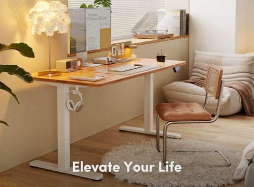 Image of FEZIBO Electric Standing Desk, 63 x 24 Inches Height Adjustable Table, Ergonomic Home Office Furniture with Splice Board, White Frame /Light Rustic Brown Tabletop