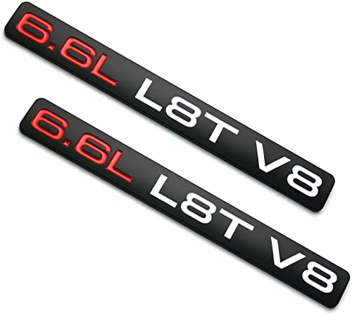 Image of 2Pcs 6.6L L8T V8 Liter Gas Emblems 3D Engine Hood Badge Sticker Nameplate Replacement for 20-22 Silverado 2500HD 3500HD Z71 Sierra Door (Black Red Silver)