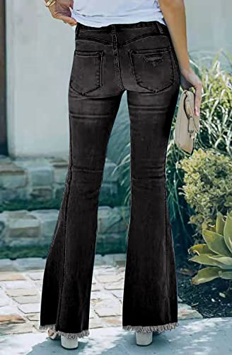 Necooer Womens Plus Size Destroyed Flare Jeans Elastic Waist Bell Bottom Raw Hem Denim Pants Slim Fit (XX-Large,A-Black)4