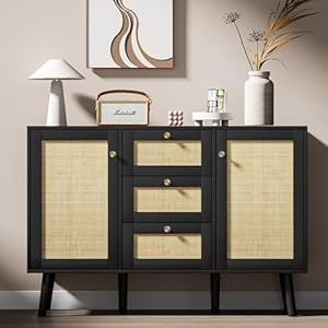 Giluta Black Storage Cabinet Rattan Sideboard Cabinet Kitchen Cabinet with Drawers and Shelves Farmhouse Cabinets for Dining Room Living Room