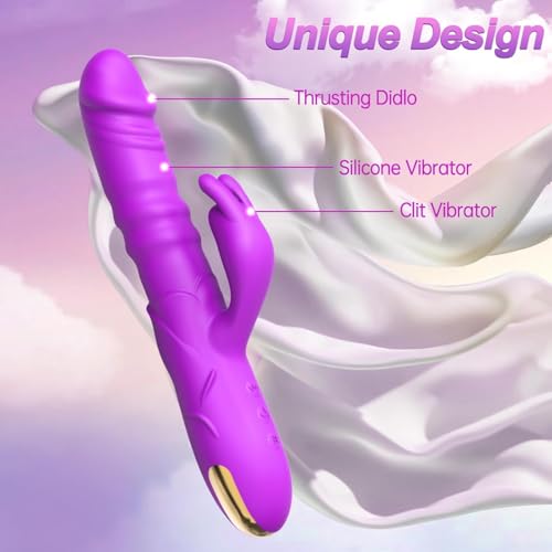 Image of Dildo Thrusting Rabbit Vibrator, G Spot Clitoral Vibrator Dildos Waterproof & Rechargeable Realistic Silicone Vibrator with 3 Thrusting & 10 Vibrating Modes, Rose Sex Toys for Women