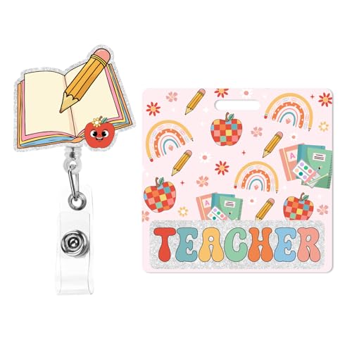 Cheerupp Porte-badge rétro groovy pour professeur et bobine de badge à paillettes avec pince crocodile pivotante, protecteur de badge d'identité en acrylique scintillant et porte-carte d'identité,