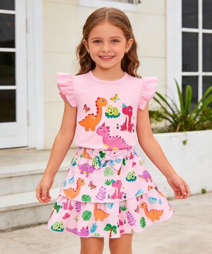 Image of Girls Skirt Set 2 Piece Outfit Toddler Summer Clothes Ruffle Sleeve T-Shirt Bow Knot Tutu Skirt Outfit Set