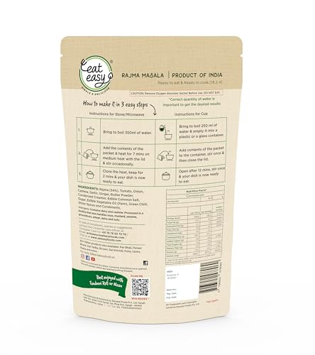 Image of Eat Easy Ready To Eat Rajma Masala- 85g (Pack of 2) After Preparation 310g | Just Add Hot Water & Cook | Freeze Dehydrated Instant Sabzi Indian Food for Campign Forest Travel, Train | Each Pack Serves 2