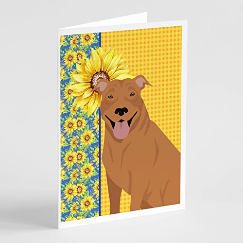 Caroline's Treasures WDK5321GCA7P Summer Sunflowers Red Pit Bull Terrier Greeting Cards and Envelopes Pack of 8 Blank Cards with Envelopes Whimsical A7 Size 5x7 Blank Note Cards