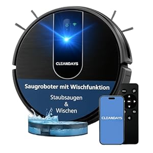 CleanDays Staubsauger Roboter mit Wischfunktion – D3-300MAX, 2000ml Wassertank, Saugrobote, 4000 Pa Saugkraft, Roboterstaubsauger Inkl. Ladestation, Robot Vacuum Cleaner