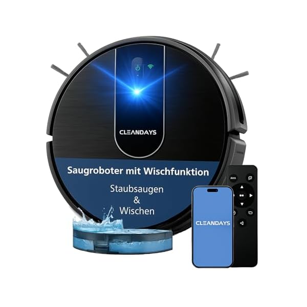CleanDays Staubsauger Roboter mit Wischfunktion – D3-300MAX, 2000ml Wassertank, Saugrobote, 4000 Pa Saugkraft, Roboterstaubsauger Inkl. Ladestation, Robot Vacuum Cleaner