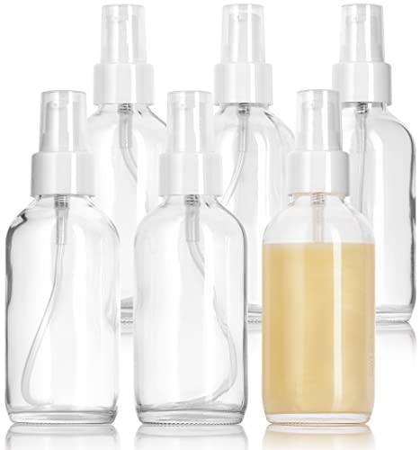 JUVITUS 4 oz / 120 ml Clear Glass Boston Round Bottle with White Treatment Pump BPA Free Refillable Empty Storage Containers (6 Pack)
