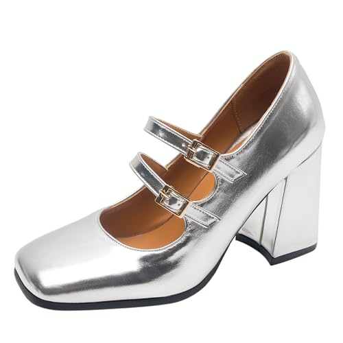 Lroey Reoly Femme Bloc Mary Jane Dp821 Talons Hauts Argent Taille 36 EU