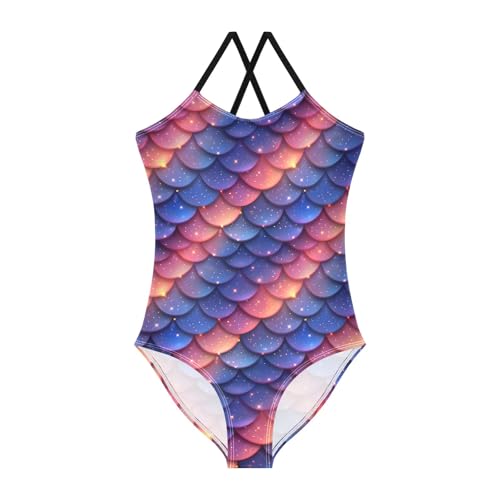 senya Girls Swimsuits One-Piece Swimwear Tie Bathing Suit Beach Summer Round Neck 9-10T Sparkling Mermaid Scale Gradient