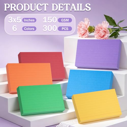 JIANTA Colored Index Cards 3x5 Inch, 300PCS Lined Flash Cards, Ruled Note Cards, 150GSM Thick Double-Sided Study Cards, 6 Bright Colors for School, Classroom, Office, Learning & Home - Image 2