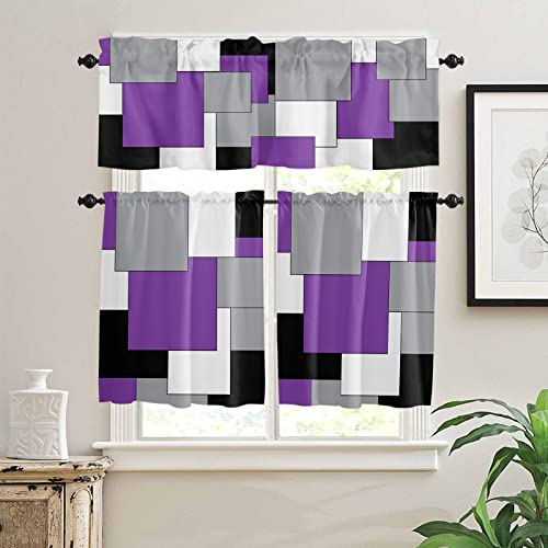 3 Piece Kitchen Curtain And Valances Set, Geometry Purple Gray Black Kitchen Curtains Set Rod Pocket Tier Short Curtains For Living Room Cafe Window Curtains Abstract Art #TOP1