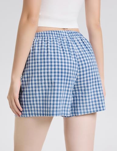 Image of LOMON Boxer Shorts for Women Summer Gingham Pajamas 2026 Lounge Sleep Pj Plaid Shorts Y2K Beach Bottoms with Pockets