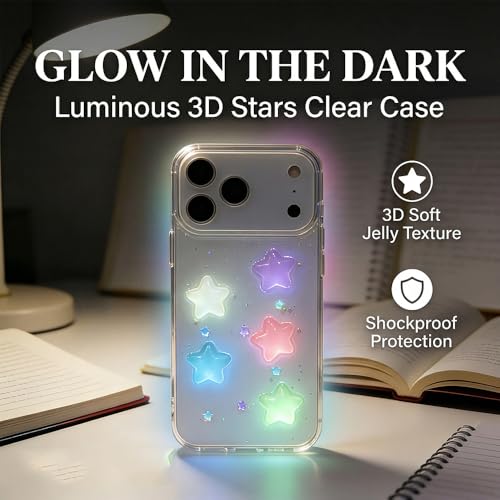 VALRION Compatible with iPhone 17 Pro Max Luminous Case 3D Stars Clear Glow in the Dark Noctilucent Bling for Women Girly Soft Slim TPU Bumper Shockproof Light up Phone Cover by VALRION - Used condition - Image 3