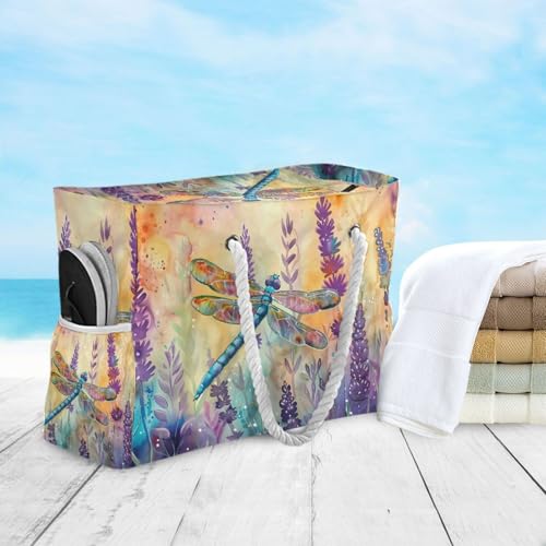 Watercolor Dragonfly Lavender Beach Bag for Women Large Beach Tote Bag with Zipper for Travel Vacation4