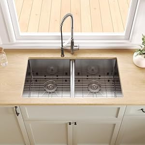  DeerValley-33x22-Undermount-Double-Bowl-Kitchen-Sink-Brushed-Stainless-Steel-Double-Bowl-Kitchen-Sinks-Handcrafted-R10-Radius-Topmount-5050-Dual-Basin-Nano-Sink-with-Accessories-DV-1K0193