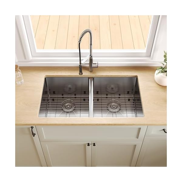   DeerValley-33x22-Undermount-Double-Bowl-Kitchen-Sink-Brushed-Stainless-Steel-Double-Bowl-Kitchen-Sinks-Handcrafted-R10-Radius-Topmount-5050-Dual-Basin-Nano-Sink-with-Accessories-DV-1K0193