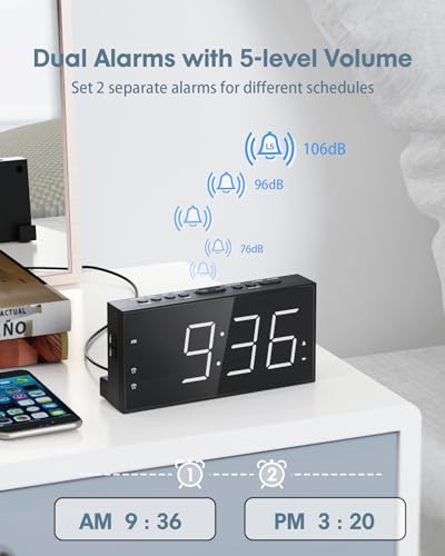 Loud Alarm Clock with Bed Shaker for Heavy Sleeper, Dual Vibrating Alarm Clock with USB Charger for Hearing-impaired Deaf, 7.5’’ Large LED Display with Dimmer, Snooze, 12/24H & Battery Backup