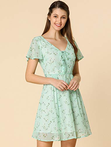 Allegra K Women's Floral Printed Spring Summer Flare Short Sleeve Lace-Up V Neck Chiffon Dress X-Small Light Green #TOP1