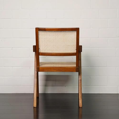 Image of Solid Wooden Rattan Arm Chair | Cane Dining Chair for Living Room, Hall and Office (Set of 4) | Natural Finish | 50D x 50W x 90H Cm