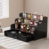 Cologne Stand for Men, 3 Tier Black Wooden Perfume Organizer with Drawer Storage, Perfume Display Shelf for Cologne, Watch, Skincare and Makeup, Perfect Birthday/Christmas Gift for Lovers & Fathers (3 Tier Black)