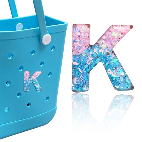 HLUWA Letter Charms for Bogg Bag, Pink & Blue Relief Sequin Alphabet Lettering Accessories Charms for Bogg and Simply Southern Bag, Insert Decorative Letters Charm for Handbag Beach Tote Bag. (K)