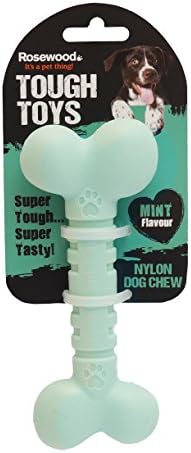 Rosewood small tough and durable chew and teething bone shaped dog toy for puppies and small dogs made of tough nylon material, Mint flavoured and scented, Green