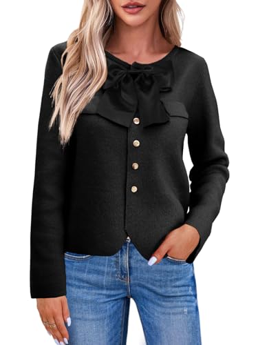 Image of Saodimallsu Womens Button Down Cropped Cardigan Sweaters Cute Bow Long Sleeve Crew Neck Knit Sweater Jacket Coat