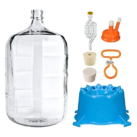 North Mountain Supply 5 Gallon Italian Glass Carboy Fermenting Jug - with Drilled & Undrilled Rubber Stoppers, 6-Bubble Airlock, Carboy Dryer, Handle and Cap Cover