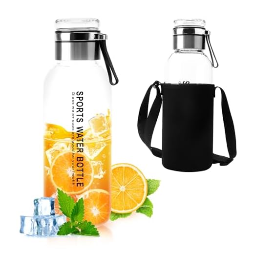 Glasflasche 1,5 Liter Trinkflasche Glas Wasserflasche Wasser Flasche aus Glas mit Schutzhülle Glastrinkflasche Teeflasche mit Sieb Glasflaschen Glass Water Bottle, Glasdeckel als Becher Verwendbar
