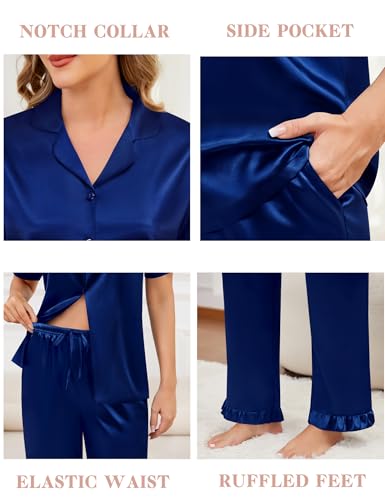 Image of SWOMOG Women Satin Pajamas Set Short Sleeve Top & Pants Sleepwear Silky Button Down Nightwear 2pcs Loungewear Pjs Set