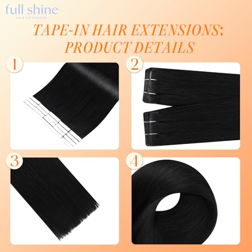 Image of Full Shine Injected Tape in Hair Extensions Human Hair, Color 1 Black, 14 Inch 40 Grams 20 Pcs, Machine Remy Invisible Tape in Extensions, Natural Movement, Glossy Finish, Smooth Comfortable