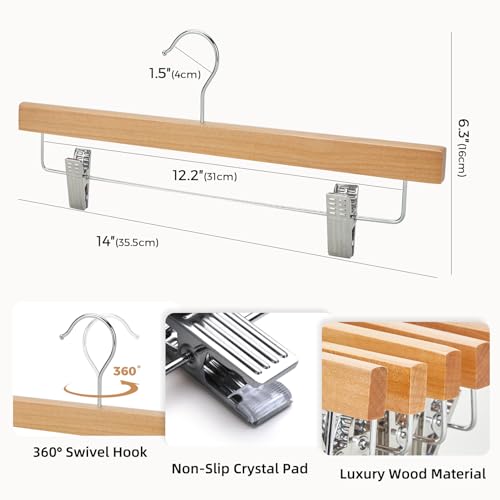 HOUSE DAY Premium Wooden Pants Hangers 15 Pack, Solid Lotus Wood Skirt Hangers with 2-Adjustable Clips, Heavy Duty & Anti Slip Wood Bottom Hangers for Slacks, Jeans, Trousers, Shorts (Natural)